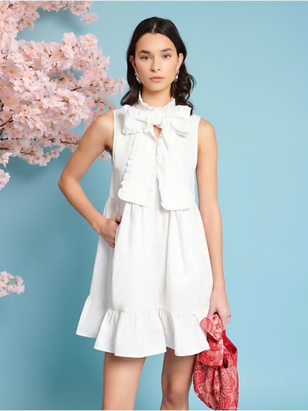 NWOT White Ruffle Tie-Neck Dress